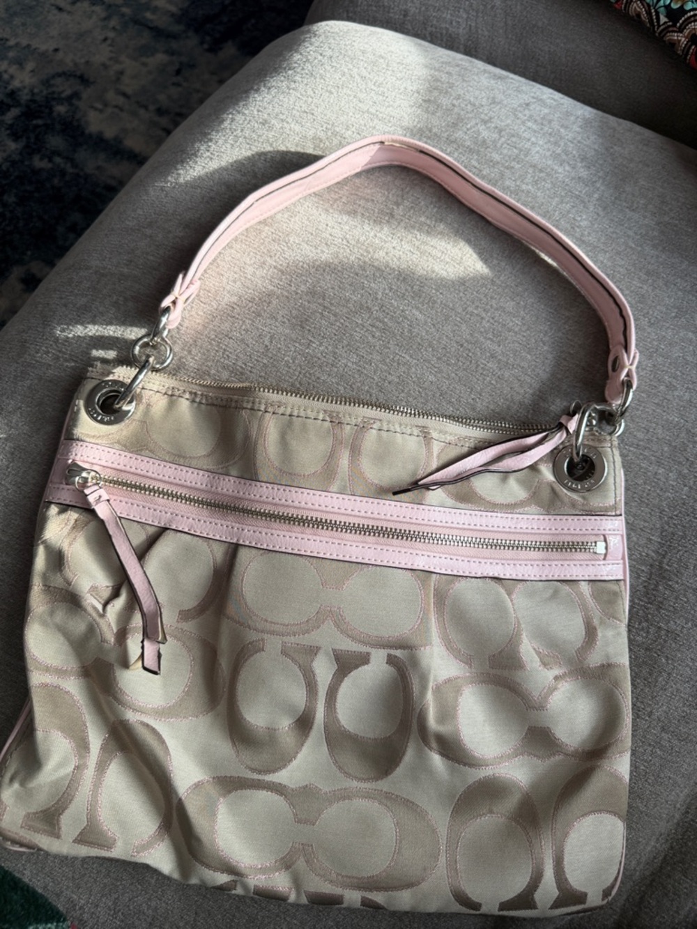 Coach Beige Signature Canvas Shoulder Bag with Pink Trim